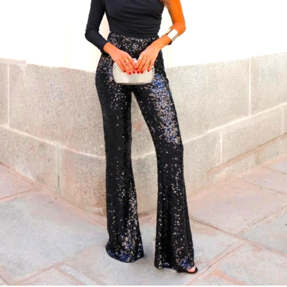 Zara Flared Sequin Pants Size Black